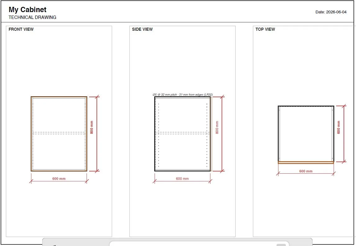 Cabinet plan showing panel dimensions and assembly information