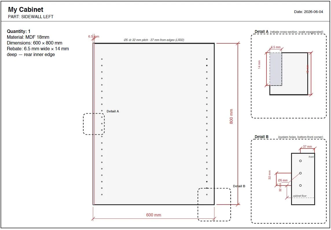 Generated shop drawings for a custom kitchen cabinet