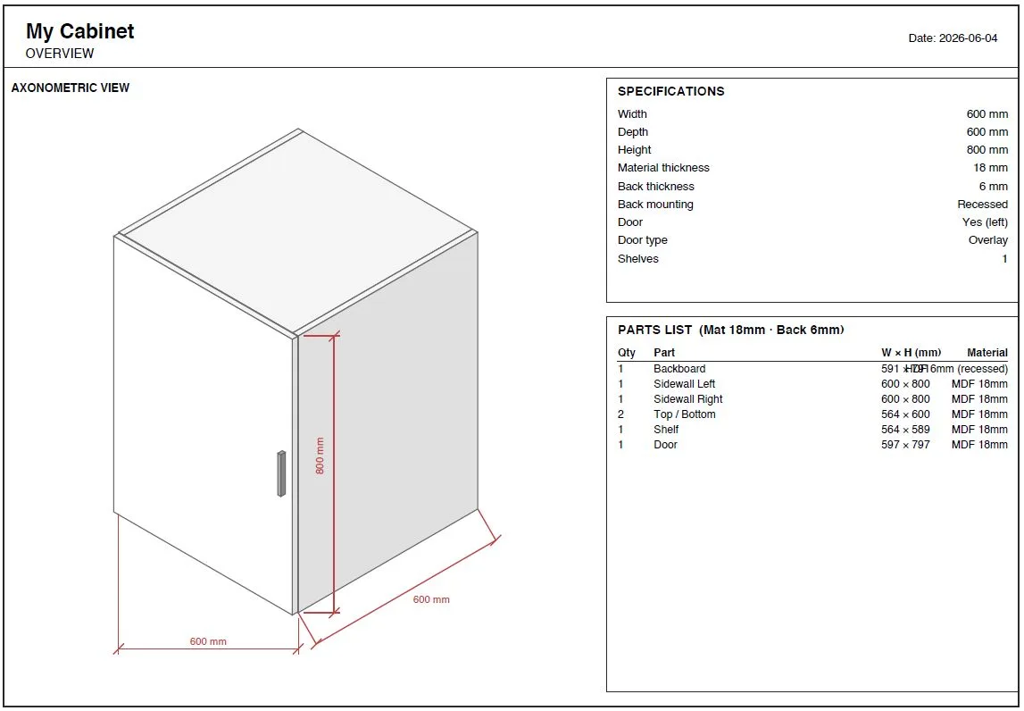 Cabinet shop drawing generated automatically from a custom cabinet design